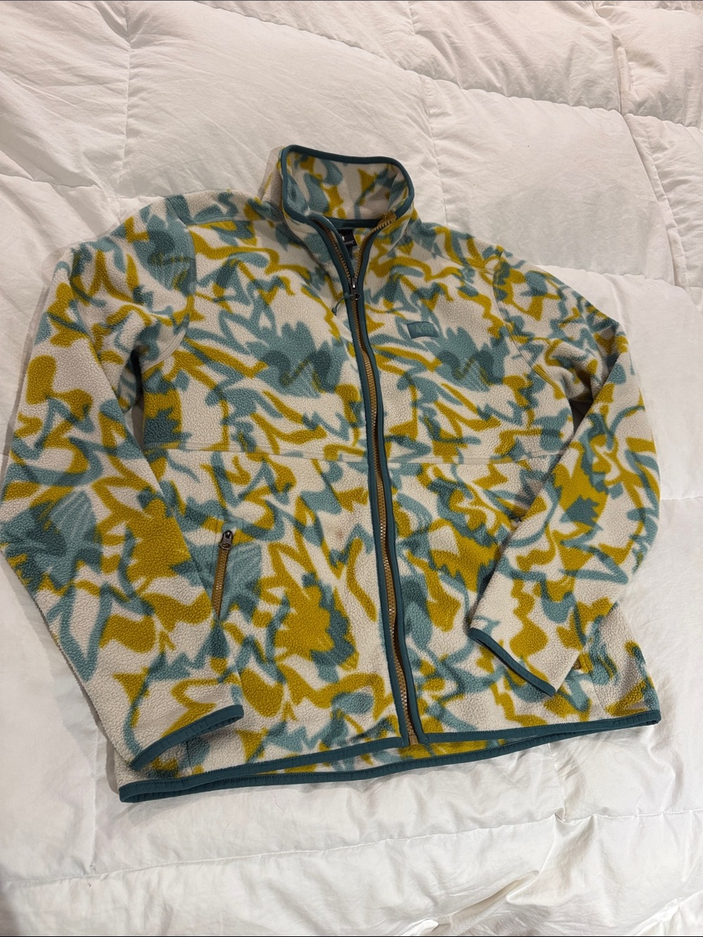 REI Womens Printed Fleece Jacket - Teal, Mustard & Cream